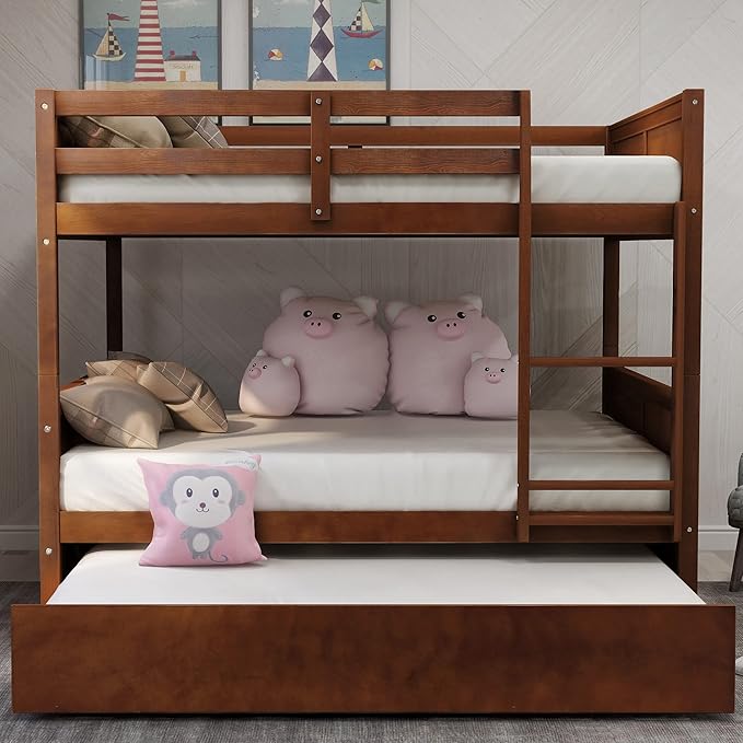 Upgraded Version Best Full Over Full Bunk Bed with Trundle, Thicken Solid Wood Full Size Bunk Bed, Bunkbed Frame Full Over Full, Convertible to 2 Beds, Easy Assembly for Adults (Walnut)