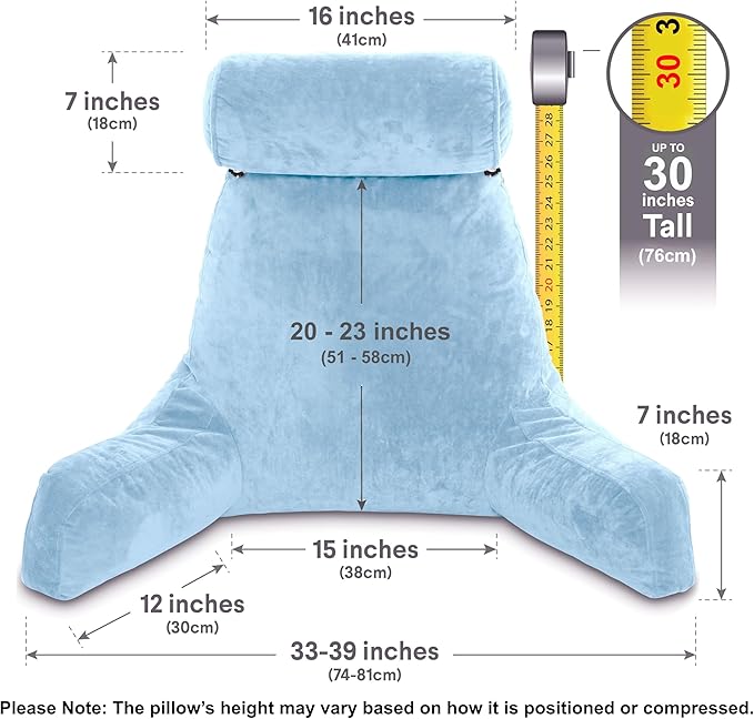 Husband Pillow XXL – Reading Pillow Bed Chair with Arms & Back Support – Sky Blue - Back Pillow for Beds Sitting Up – Bed Rest Arm Pillow – Comfy Reading Pillow for Adults