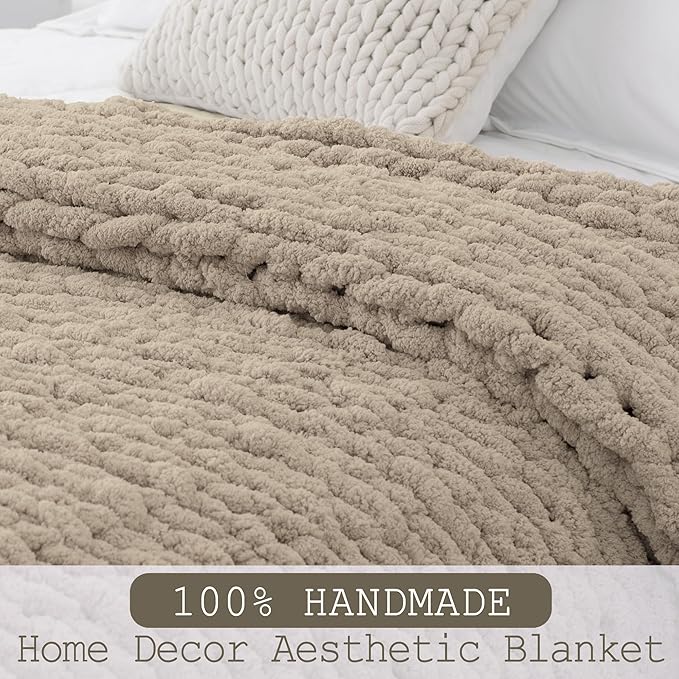 Chunky Knit Throw Blanket 60"X 80", 100% Handmade with Soft Chenille Yarn, 6.7lbs Thick Cable Knitted Blankets, Large Rope Knot Crochet Throws for Couch Sofa Bed Home Decor, Taupe