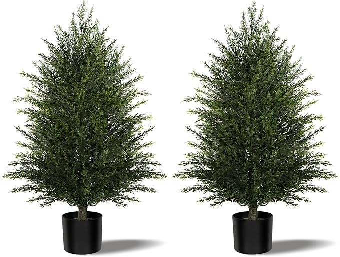 Mavis's Diary Artificial Topiary Ball Tree, Indoor Realistic Faux Boxwood Bush Potted Plants, Outdoor Fake Shrubs Cedar Evergreen Plants for Home Living Room Front Porch Decor (2, 3ft)