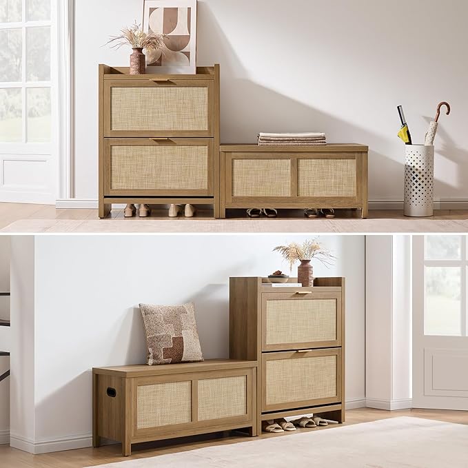 SICOTAS Rattan Storage Chest Set of 2-39.4" Storage Bench for Bedroom, Boho Storage Truck with 2 Safety Hinges and Flip Top for Living Room Entryway, Supports 220 lb, Oak, 2 PCS