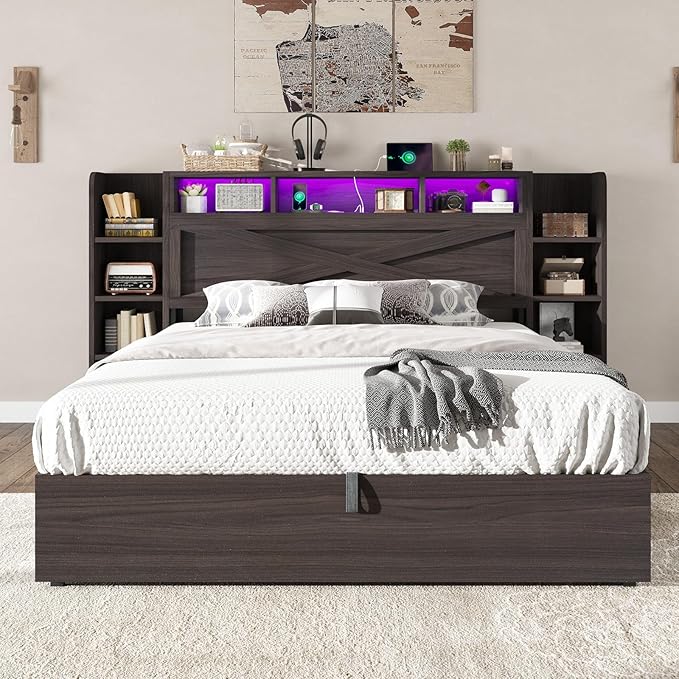 AMERLIFE Full Size Lift Up Storage Bed Frame, 45.1" LED Bed Frame with 2 Side Shelf & Bookcase Headboard, Farmhouse Wood Platform Bed with Charging Station, No Box Spring Needed, Black