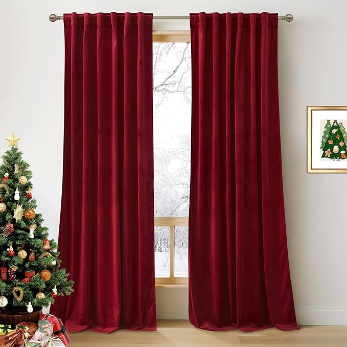 RYB HOME Red Velvet Curtains for Bedroom 90 inches - Light & Heat Block Back Tabs Window Treatment Energy Efficient Privacy Protection Drapes for Farmhouse, Living Room, Ruby Red, W52 x L90, 2 Panels