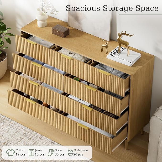 LYNSOM Fluted 9 Drawer Dresser for Bedroom, 55" Wide Modern Chest of Drawers with Curved Profile Design and Metal Handles, Wood Dresser TV Stand & Storage Organizer for Bedroom, Hallway, Oak