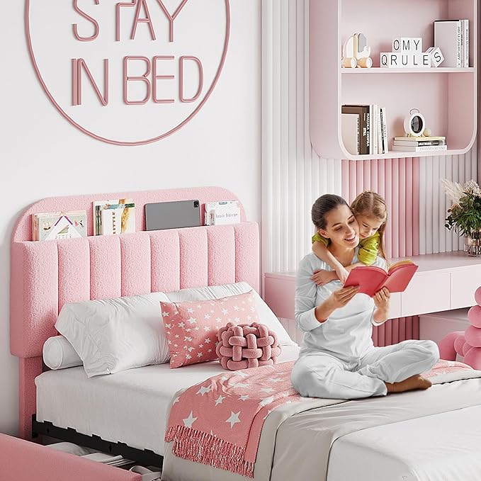 Twin XL Bed Frame with Storage Headboard and 2 Drawers, Boucle Upholstered Platform Bed with Bookcase, Modern Kids Twin XL Bed Frames for Small Rooms, No Box Spring Needed, Easy Assembly, Light Pink