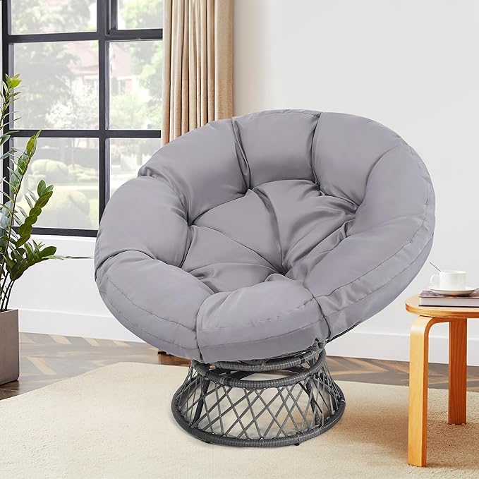 46" Giant Oversized Rattan Papasan Chair with Cushion and Frame for Adults, Fluid 360° Swivel, Waterproof, Grey Frame with Light Grey Cushion