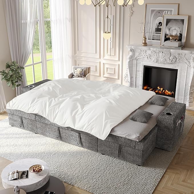 117" Sleeper Sofa Bed, U-Shaped Sofa with Dual Reversible Storage Chaise | Adjustable Backrest | Wide Armrest, Sectional Couches for Living Room, 4 in 1 Pull Out Couch Bed, Grey Chenille