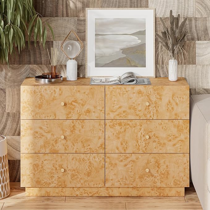 Modern 6 Drawer Dresser Set of 2 with Burl Finish, Wide Wood Chest of Drawers Clothes Organizer, Stylish Large Storage Cabinet for Bedroom or Entryway
