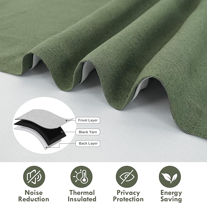 DriftAway Double Layer Linen Blackout Tie Up Curtains Thermal Insulated Fully Lined Balloon Roman Shade Bathroom Window Adjustable Rod Pocket for Small Window 25 Inch by 47 Inch Olive Green