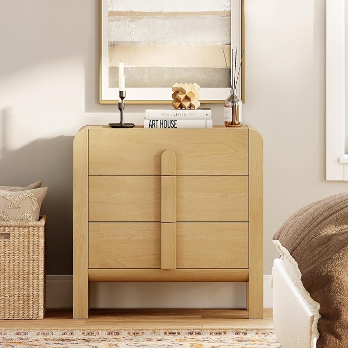 WAMPAT 3 Drawer Dresser for Bedroom,31.5" Wide Mid Century Modern Wide Chest of Drawer, Wood Tall Nightstand with Curved Edge Handles, Closet Dresser TV Stand for Bedroom, Oak