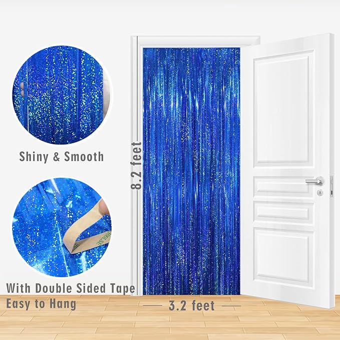 GOER 3.2 ft x 8.2 ft Metallic Tinsel Foil Fringe Curtains Party Photo Backdrop Party Streamers for Birthday,Graduation,New Year Eve Decorations Wedding Decor(3 Packs,Shiny Blue)