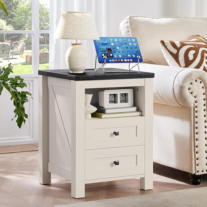 Joaxswe Nightstand with Charging Station and USB Port, Farmhouse Side End Table with 2 Drawers and Open Shelf, Wood Rustic Sofa Table, Bedside Cabinet for Bedroom, Living Room, Closet, Office (White)