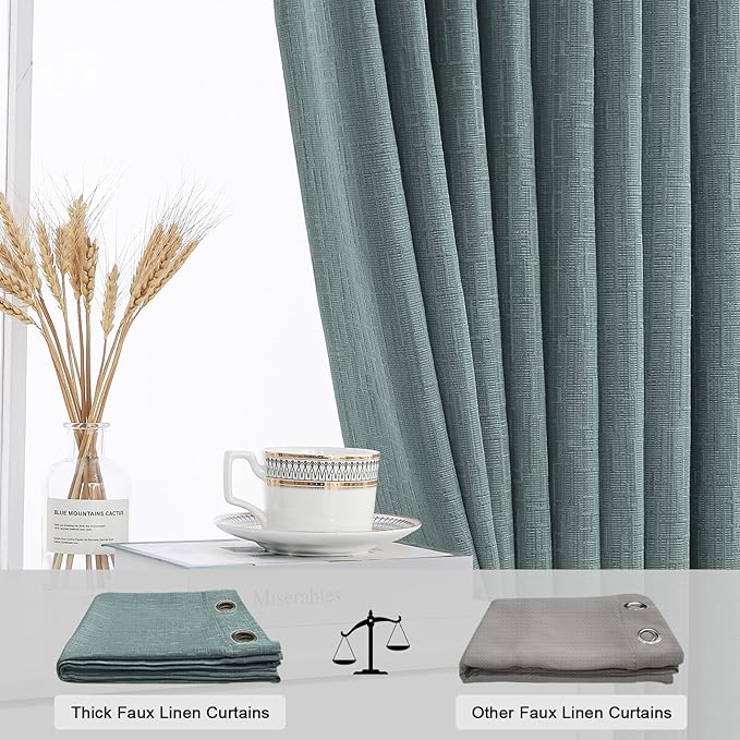 Jacquard Linen Curtains 72 inch Length 2 Panels Thick Faux Linen Blended Window Drapes Burlap Textured Curtains with Grommet for Living Room Bedroom Farmhouse (52x72 Lake Blue) Natural