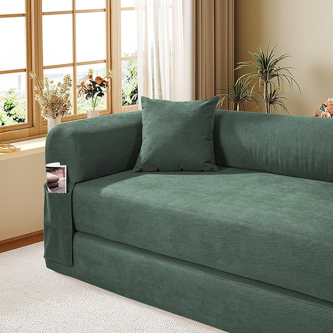 Convertible Futon Sofa Bed,80" Folding Pull Out Couch Bed with Storage,Queen Sleeper Sofa Bed,Compressed Couch in a Box,Corduroy Boneless Couches for Living Room,Light Green