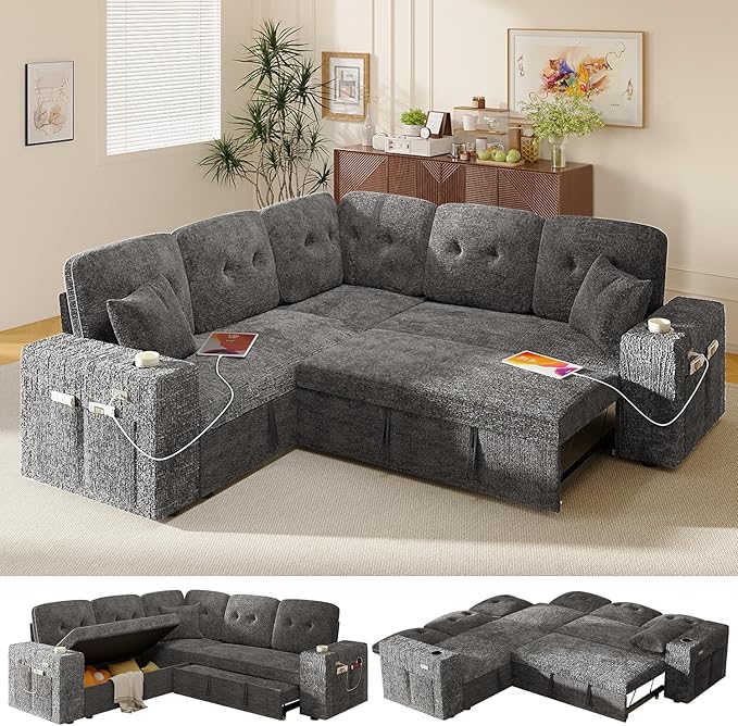 Modular Sectional Sleeper Sofa with Pull Out Bed, L Shaped 5 Seat Sectional Couches for Living Room, 84 Inch Sofa Bed with Adjustable Backrest | Hidden Storage | Wide Armrest | Grey