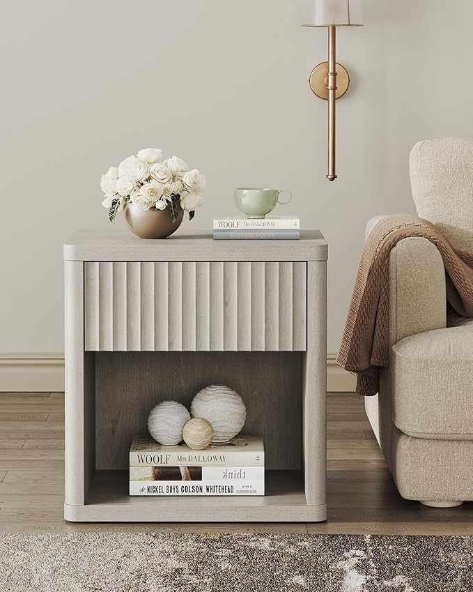 SICOTAS Night Stand Set of 2 Nightstands with Drawer Storage Fluted Bed Side Table End Table Large Modern Wide Bedside Stand Mid Century Night Stands for Bedroom Living Room Sofa Office, White Alder