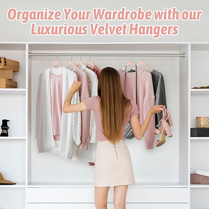 Premium Velvet Shirt Hangers 50 Pack, Non-Slip 360° Swivel Hook Space-Saving Felt Hanger, Slim Flocked Hangers for Blouses, Strappy Dresses, Tank Tops(Pink)