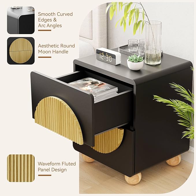 23" Black Nightstand with Solid Wood Legs, Modern Style Fluted Bedside Table with Round Moon Handle & Storage, Mid Century Cute Night Stand for Bedroom, Side Table, End Table