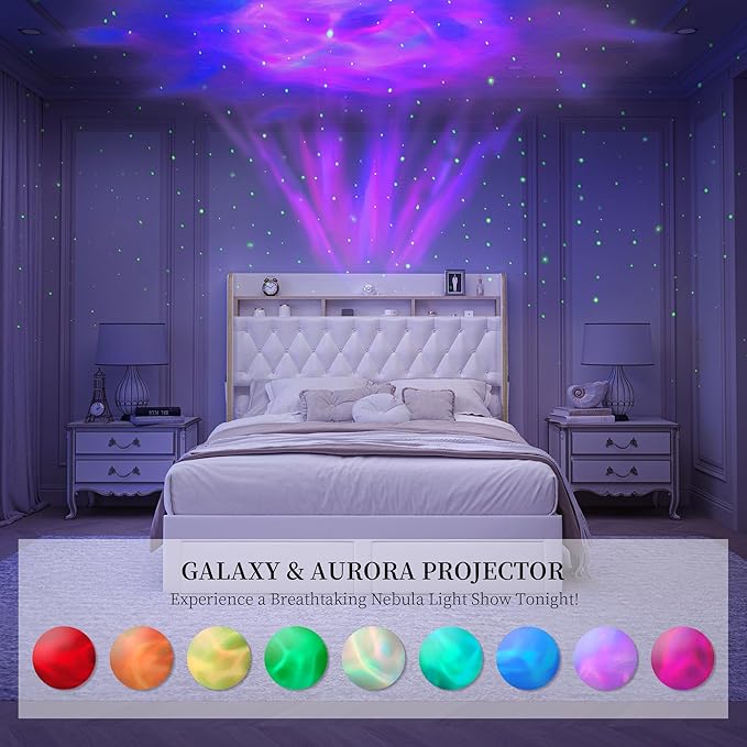 King LED Bed Frame with 2 Storage Drawers, PU Upholstered Platform Beds with Galaxy Star Projector Charging Station Speaker, Aurora Bedframe with 2-Tier Storage Headboard, Noise-Free, White
