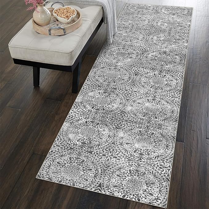 vivorug Grey Runner Rug 2x10 Machine Washable Rug with Non-Slip Backing, Ideal for Kitchen Hallway Entryway Laundry Room - Vintage, Durable, Easy Clean, Low Pile Carpet Runner