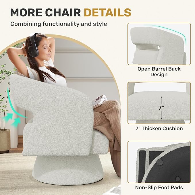Swivel Accent Chair, Modern Comfy Teddy Barrel Chairs, Oversized Upholstered Round Arm Chair for Living Room, Bedroom, Reading Room, White, 1 PCS