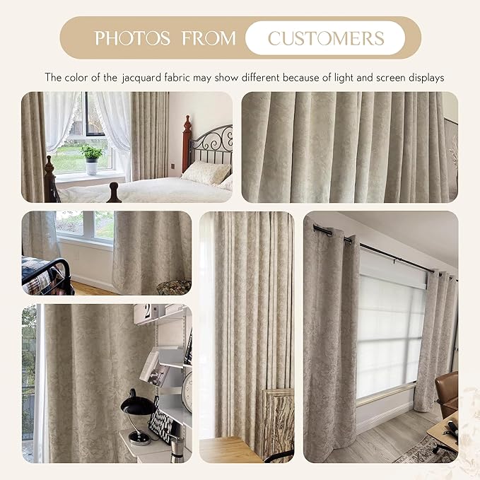 Beauoop Beige Floral Jacquard Blackout Curtains 84 Inches Long 2 Panels for Bedroom Living Room Flower Chenille Room Darkening Thermal Insulated Soundproof Grommet Window Treatments Drapes 52x84x2