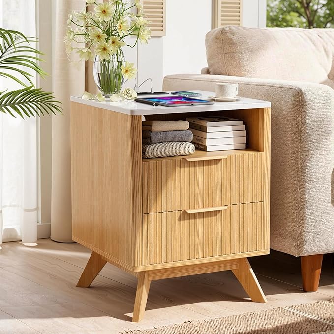 Modern Nightstand,Side Table with Charging Station,Bedside Tables with Drawer,Mid-Century End Tables Set (1-Piece),Natural Oak