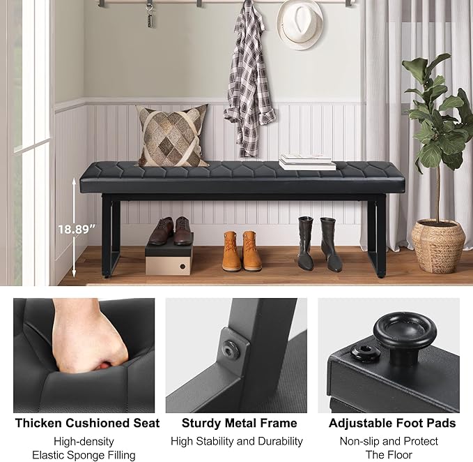 STHOUYN 58” Padded Dining Table Bench Pair of 2 for 6-8 Person, Faux Leather Indoor Cushioned Extra Long Bench for Dining Room Table, Bedside Shoe Entryway Benches (Black, 58")