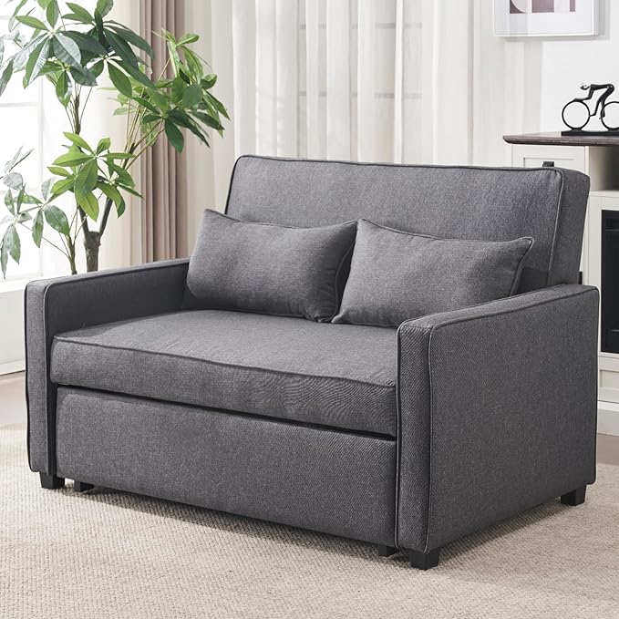 Furnimart 3-in-1 Convertible Sleeper Sofa with Pull-Out Bed, 53" Futon Couch Bed, Adjustable Backrest Loveseat for Small Spaces Gray