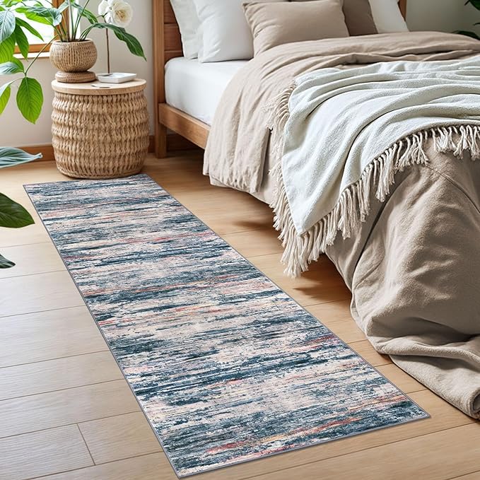 2x6 Modern Abstract Runner Rug for Hallway, Teal Blue Peach Gray Multi Super Soft Hallways Decor Kitchen Rugs with Non-Slip, Non-Shedding Washable Rug for Entryway Bedroom Laundry Indoor