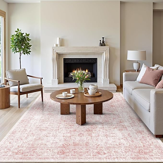 8x10 Area Rugs for Living Room, Non-Slip Backing Washable Rug 8x10, Pink Large Area Rug Soft Carpet for Bedroom Dining Room, Vintage Floral, Easy Clean, Durable, Low Pile Rug Under Table