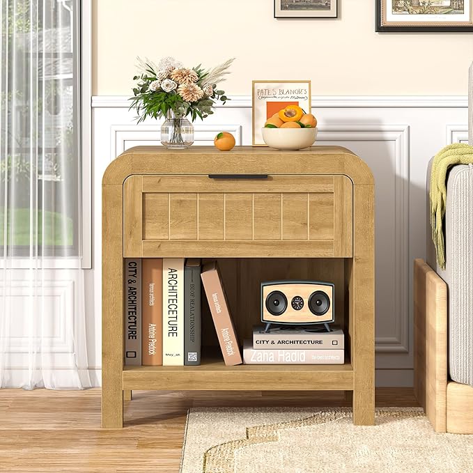 IKENO Wood Nightstand with Storage Drawer, 21" Wide Night Stand with Curved Profile Design, Bedside End Table for Bedroom, Living Room, Closet (1, Natural Oak, 1 Drawer)
