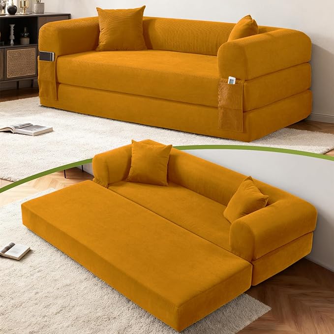 80" Convertible Sofa Bed,Corduroy Folding Sleeper Sofa Bed Queen with Pillows & Storage,Modular Pull Out Couches Boneless Couch for Living Room,Compressed Couch in a Box,Yellow