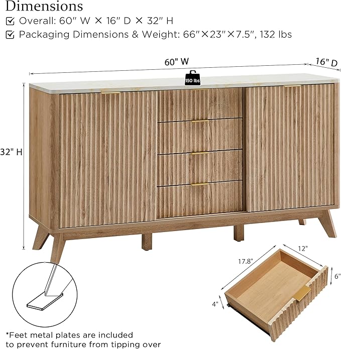 T4TREAM Fluted Buffet Cabinet, 60" Modern Sideboard with Sliding Doors & 4 Drawers, Coffee Bar Table with Storage, Faux Marble Top and Curved Profile Design for Dining Room, Living Room, Natural Oak