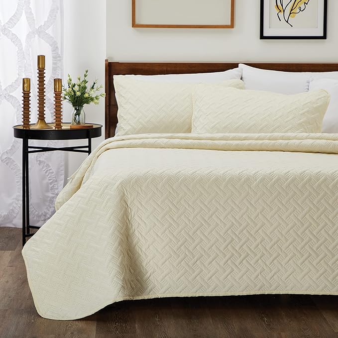 Cosy House Collection Luxury Rayon Derived from Bamboo 2-Piece Quilt Set - Ultra Soft Quilted Coverlet Bedspread - Classic Weave Stitch - Includes Quilt and 1 Pillow Sham (Twin/Twin XL, Cream)