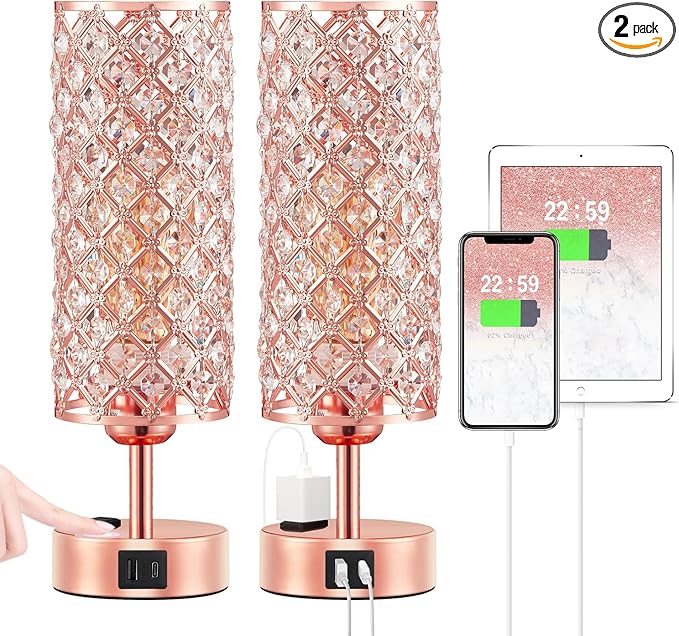 Hong-in Rose Gold Lamp Set of 2, 3-Way Crystal Table Lamp Touch Control with USB-C+A & AC Ports, Dimmable Nightstand Desk Light, Pink Bedside Table Lamp for Bedroom(Bulb Included & Set of 2)