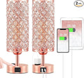 Hong-in Rose Gold Lamp Set of 2, 3-Way Crystal Table Lamp Touch Control with USB-C+A & AC Ports, Dimmable Nightstand Desk Light, Pink Bedside Table Lamp for Bedroom(Bulb Included & Set of 2)