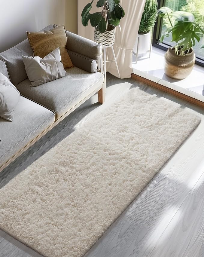 Ophanie 2x8 Runner Rug for Hallway, Upgrade Non-Slip Fluffy Soft Bedside Rugs, Bedroom Living Room Ivory Shaggy Carpet for Kids Girls Boys Dorm Nursery Home Decor Aesthetic