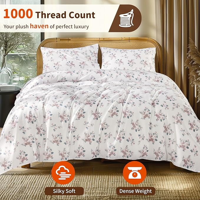 LBRO2M 1000 Thread Count Sheets 100% Egyptian Cotton Bedding Set Floral Queen Size Sheets 16 Inches Deep Pocket Bedding 4 Piece Sets (Queen, Rose)