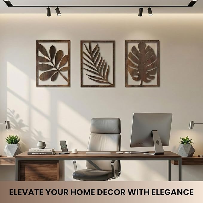 qmmp Modern Wooden Wall Sculptures - Set of 3 - Home Decor Accent - Large Wall Art for Living Room, Bedroom, Office - Easy Installation (Walnut, Large - Tree Leaves)