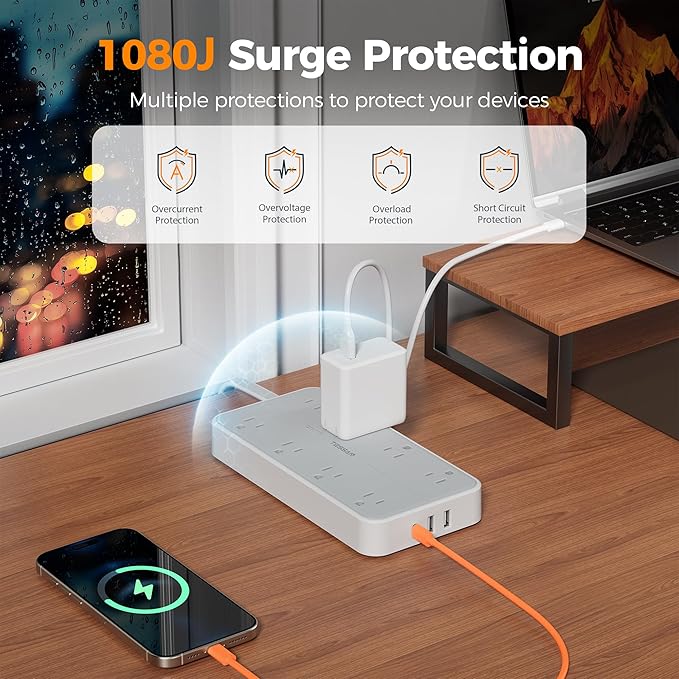 TESSAN Flat Plug Extension Cord 6 FT, Surge Protector Power Strip with 8 AC Outlets 3 USB (1 USB C), 1080 Joules, 1875W 15A, Multiple Wall Outlet Extender Station for Home Office School Dorm