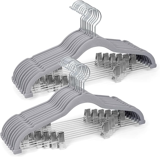 Velvet Pants Hangers 20 Pack with Adjustable Clips, Space-Saving Slim Flocked Hangers, Heavy Duty & Non-Slip Felt Clothes Hangers for Pants, Skirts, Dresses, and Jeans(Grey)