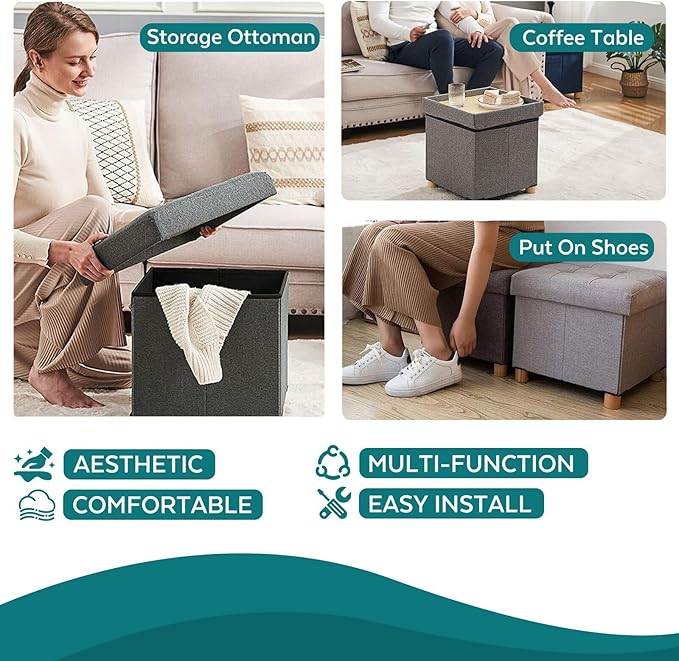 BRIAN & DANY Ottoman with Storage, Small Storage Ottoman for Dorm, Linen Folding Ottoman Foot Stool with Legs for Living Room and Bedroom, 14.8"x14.8"x16.1" - Blue
