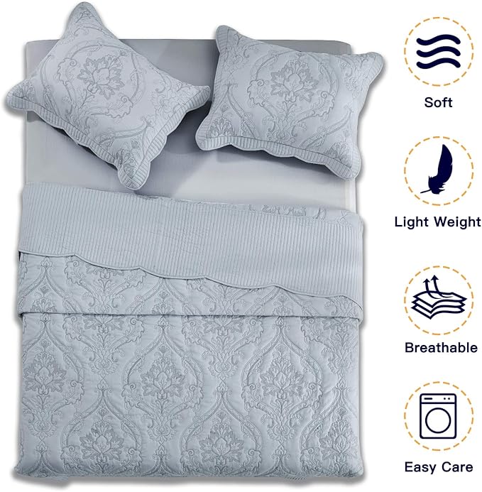 CHIXIN Bedspread Coverlet Set Queen Size - Lightweight Bedding Cover - Beautiful Stitching - 5 Piece Reversible Bedspread - Gorgeous Damask Paisley Pattern (Queen, Light Grey)