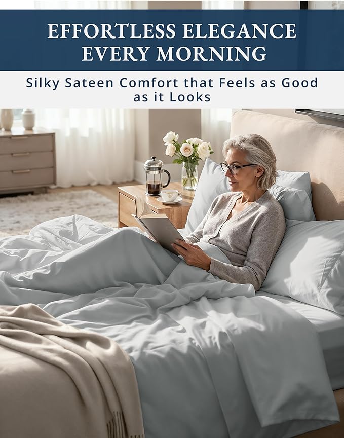 100% Egyptian Cotton Sheets Queen Size Set – 1000 Thread Count Silky Sateen Weave Sheets, 15" Secure Fit Deep Pocket Queen Sheet Set, Naturally Breathable, Hotel-Quality Luxury You Can Feel - Silver