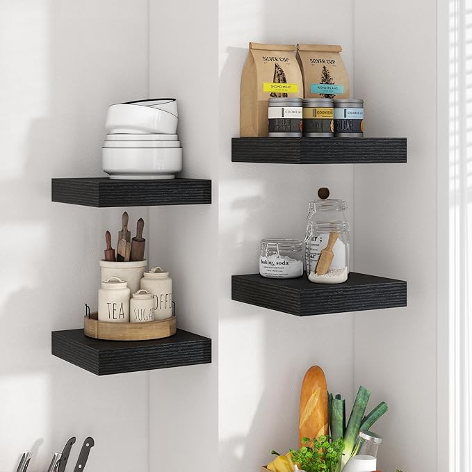 Axeman Square Floating Shelves for Wall, 8" W x 8" D x 1.4" H Rustic Wooden Wall Shelves, 4 Pack Wall Mounted Floating Shelf with Invisible Brackets for Living Room, Bathroom, Kitchen, Black Color