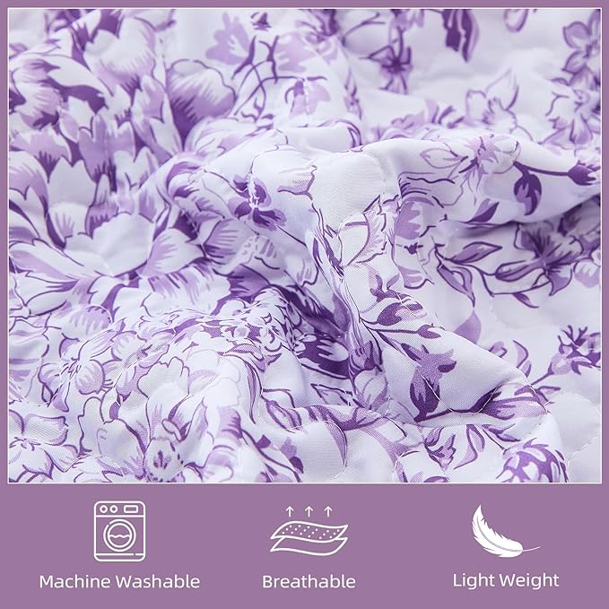 WONGS BEDDING Quilt Queen Size, Purple Quilt Bedding Set with 2 Pillowcases, Botanical Quilt for Queen Bed, Soft Microfiber Lightweight Coverlet Bedspread for All Season (96"×90", 3 Pieces)