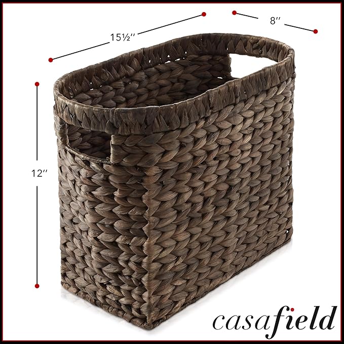 Casafield Woven Magazine Holder with Handles, Espresso Dark Brown - Water Hyacinth Storage Basket for Bathroom, Living Room, Home Office