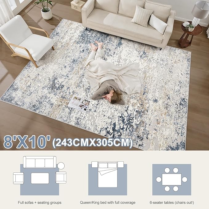 Area Rug Living Room Rugs - 8x10 Abstract Large Soft Indoor Washable Rug Neutral Modern Low Pile Carpet for Bedroom Dining Room Farmhouse Home Office - Beige Blue