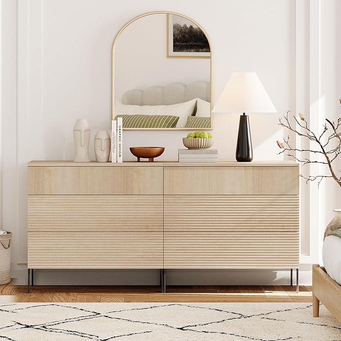 WAMPAT 63" W Fluted Dresser for Bedroom, Modern 6 Drawer Dresser TV Stand with Hidden Handles, Wooden Chest of Drawers Closet Clothes Storage Organizer for Bedroom, Living Room, Beige